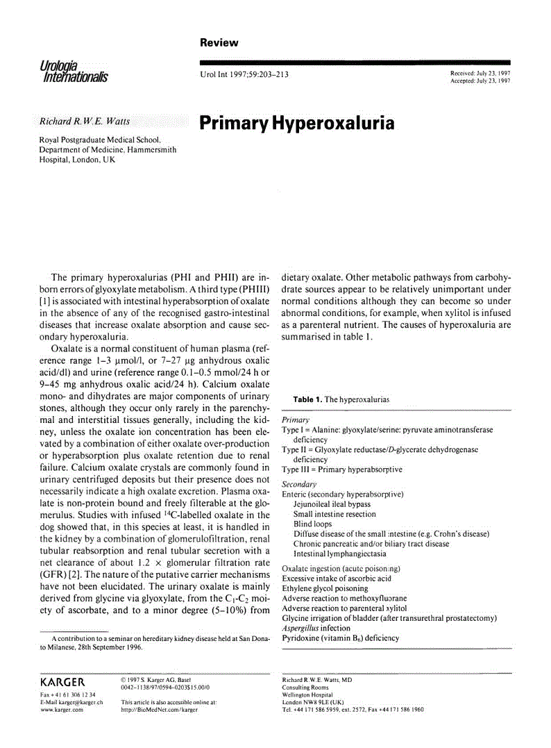 First page of Primary Hyperoxaluria
