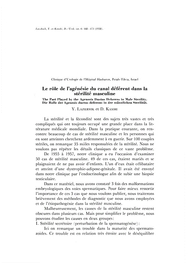 First page of Le rôle de l’agénésie du canal déférent dans la stérilité masculine