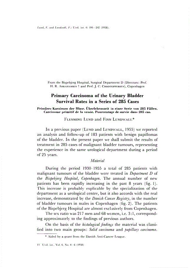 First page of Primary Carcinoma of the Urinary Bladder Survival Rates in a Series of 285 Cases