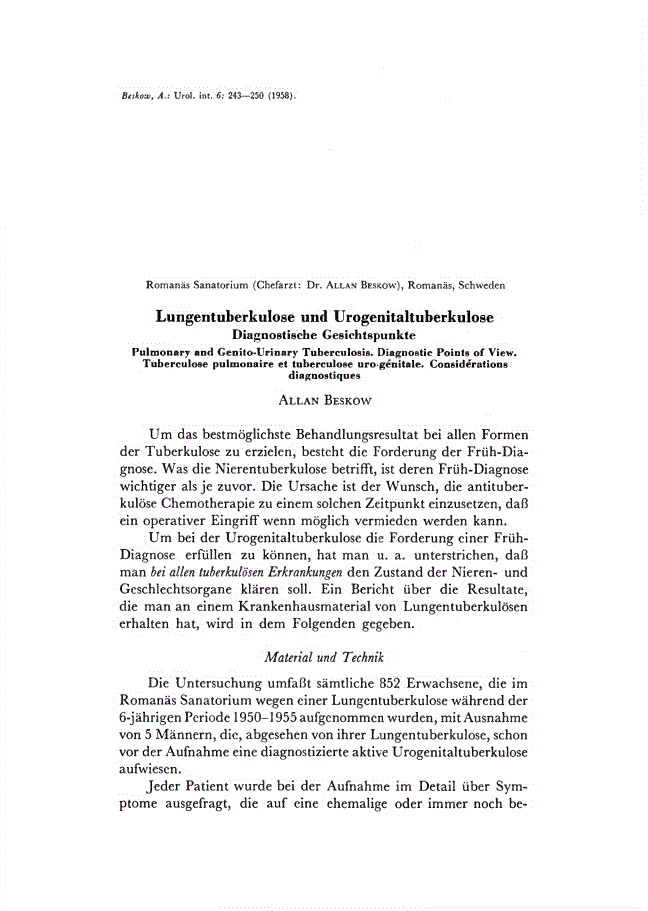 First page of Lungentuberkulose und Urogenitaltuberkulose<subtitle>Diagnostische Gesichtspunkte</subtitle>