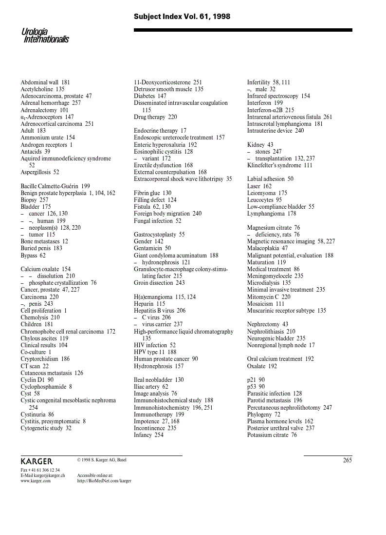 First page of Subject Index Vol. 61, 1998