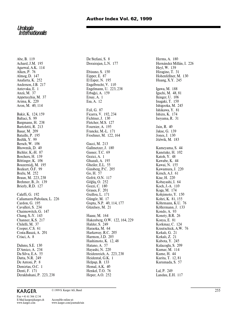 First page of Author Index Vol. 62, 1999