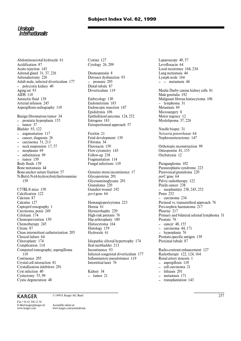 First page of Subject Index Vol. 62, 1999