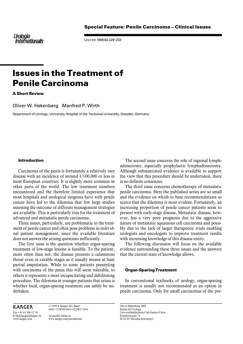 First page of Issues in the Treatment of Penile Carcinoma<subtitle>A Short Review</subtitle>