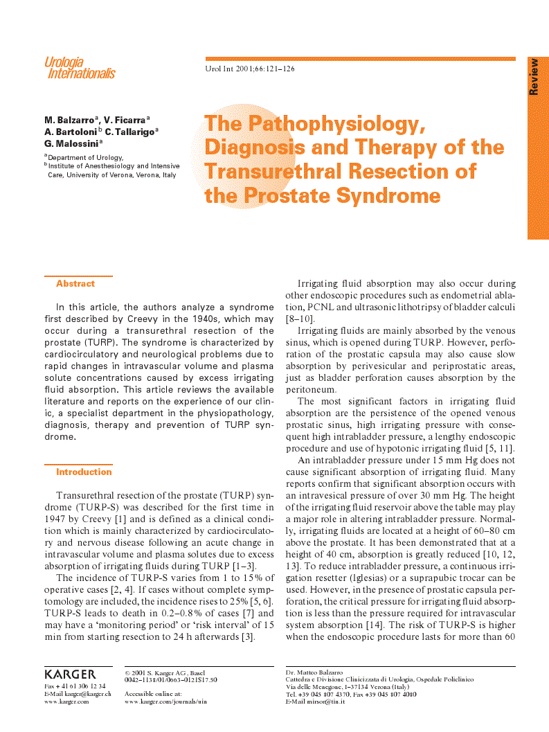 First page of The Pathophysiology, Diagnosis and Therapy of the Transurethral Resection of the Prostate Syndrome