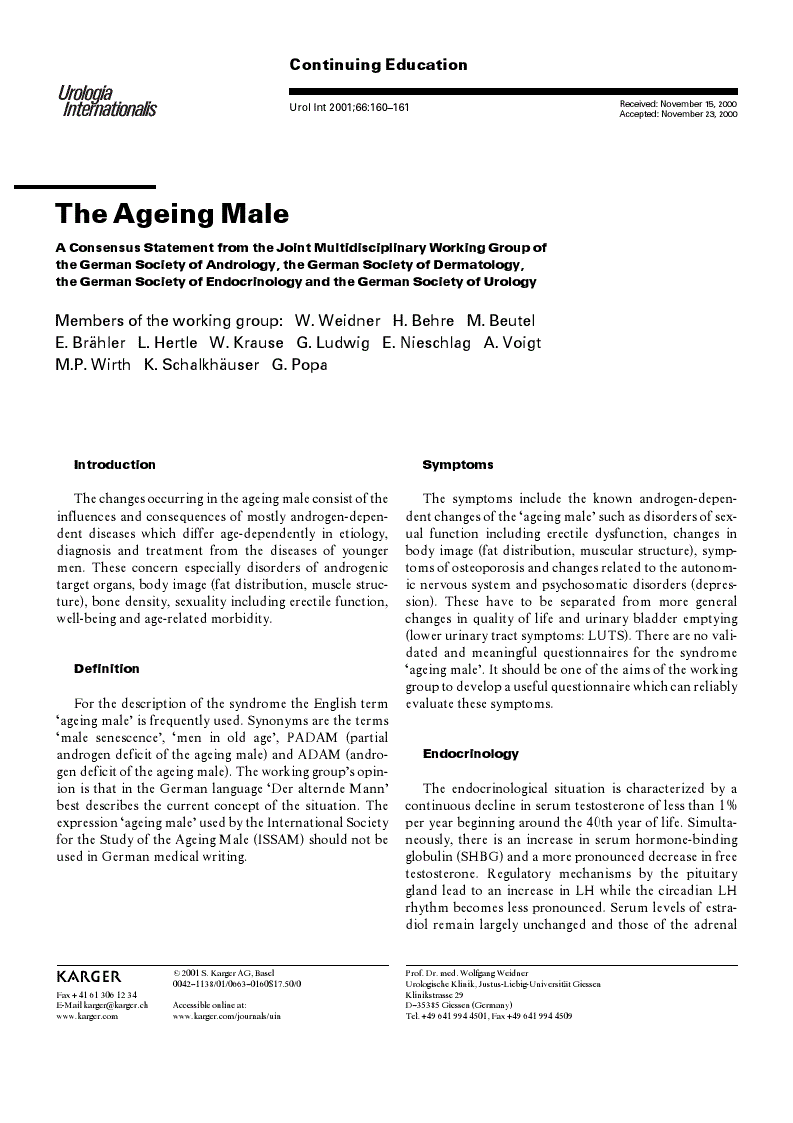 First page of The Ageing Male<subtitle>A Consensus Statement from the Joint Multidisciplinary Working Group of the German Society of Andrology, the German Society of Dermatology, the German Society of Endocrinology and the German Society of Urology</subtitle>