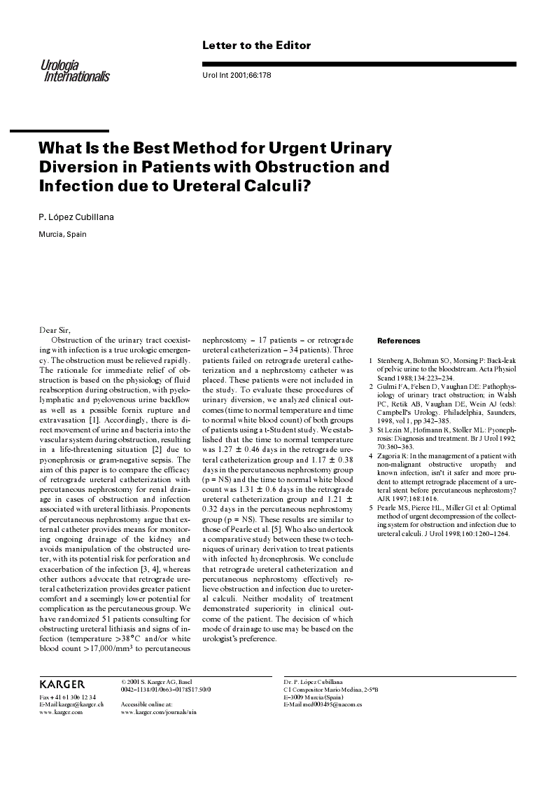 First page of What Is the Best Method for Urgent Urinary Diversion in Patients with Obstruction and Infection due to Ureteral Calculi?