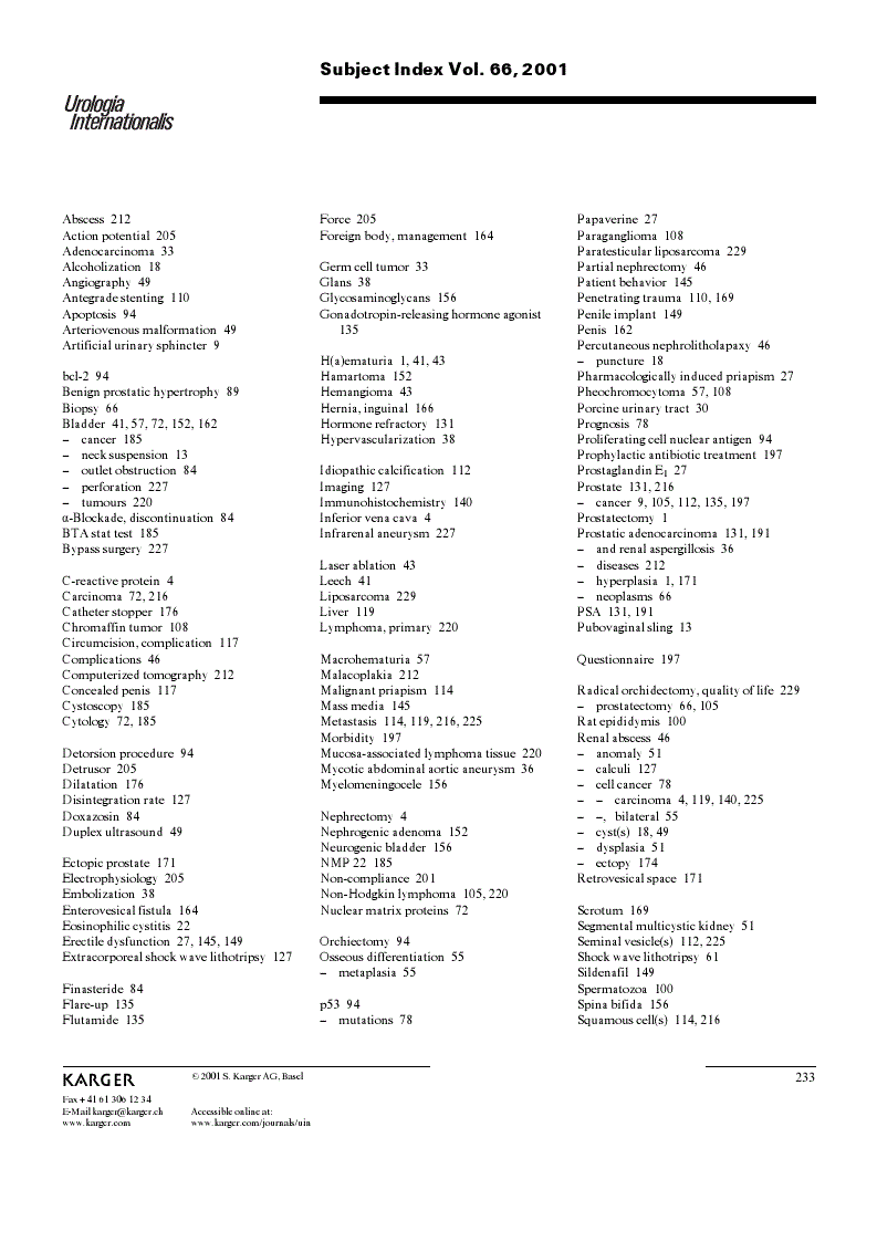First page of Subject Index Vol. 66, 2001