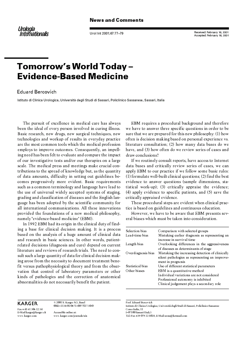 First page of Tomorrow’s World Today – Evidence-Based Medicine