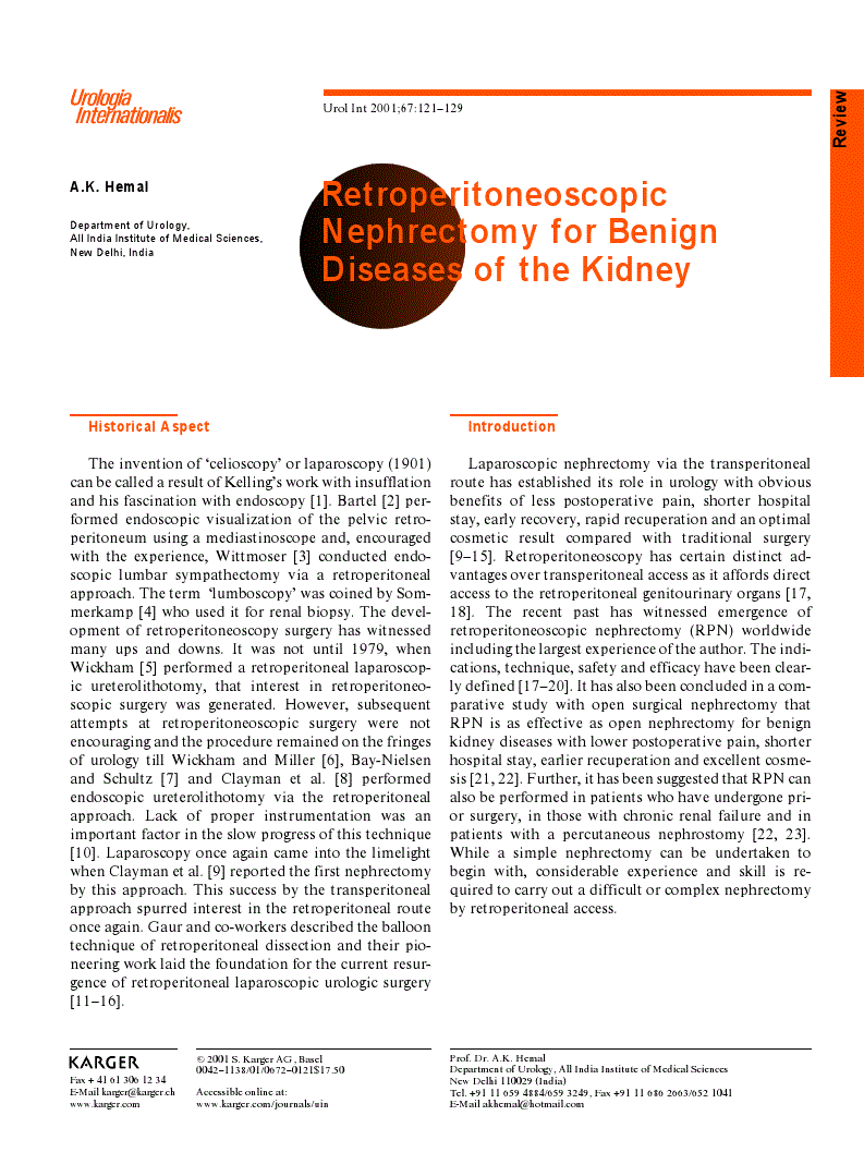 First page of Retroperitoneoscopic Nephrectomy for Benign Diseases of the Kidney