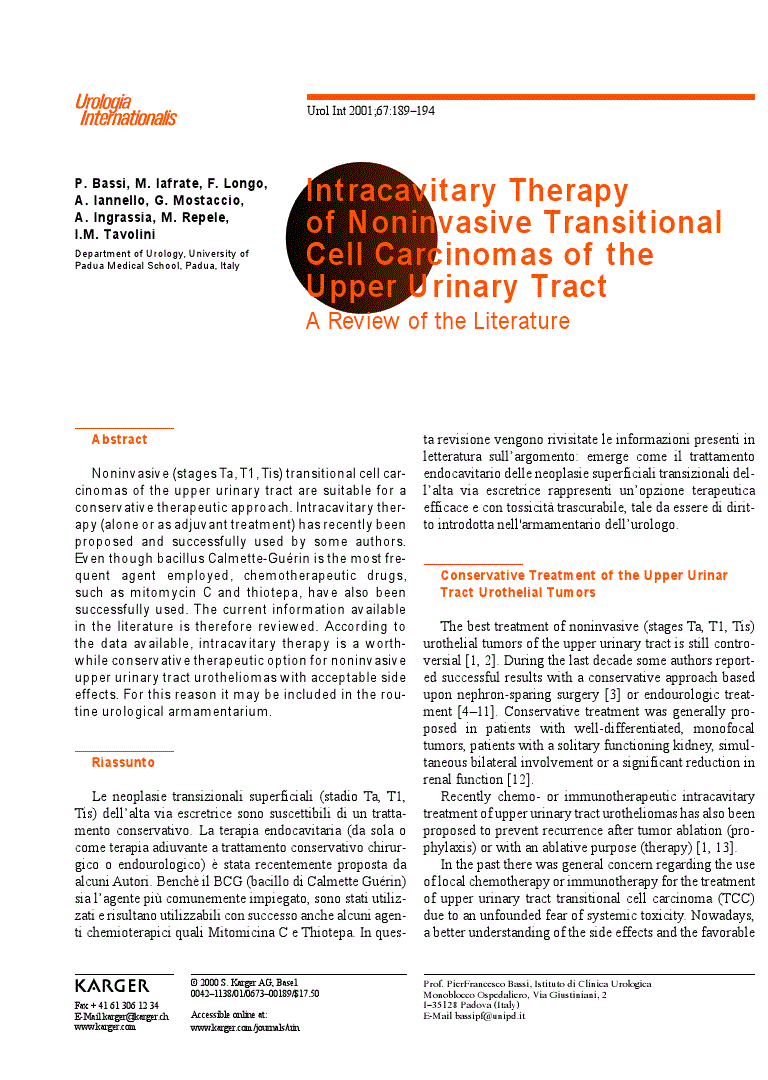 First page of Intracavitary Therapy of Noninvasive Transitional Cell Carcinomas of the Upper Urinary Tract<subtitle>A Review of the Literature</subtitle>