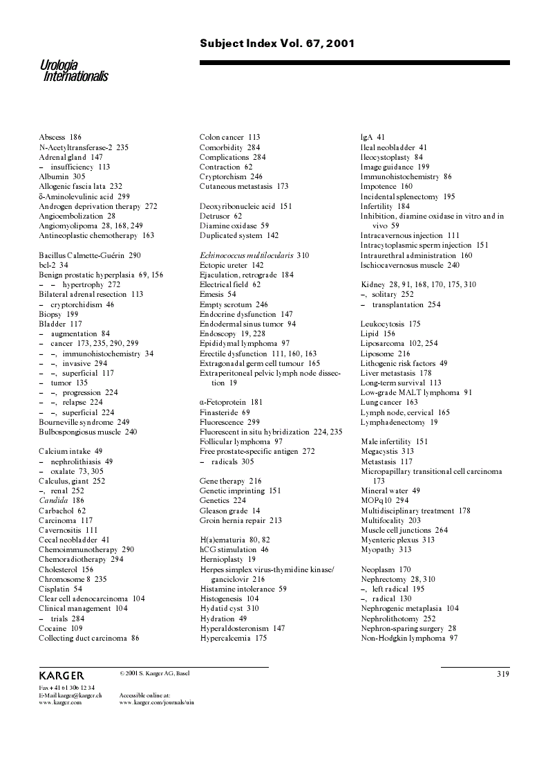 First page of Subject Index Vol. 67, 2001