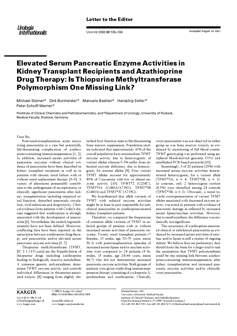 First page of Elevated Serum Pancreatic Enzyme Activities in Kidney Transplant Recipients and Azathioprine Drug Therapy: Is Thiopurine Methyltransferase Polymorphism One Missing Link?