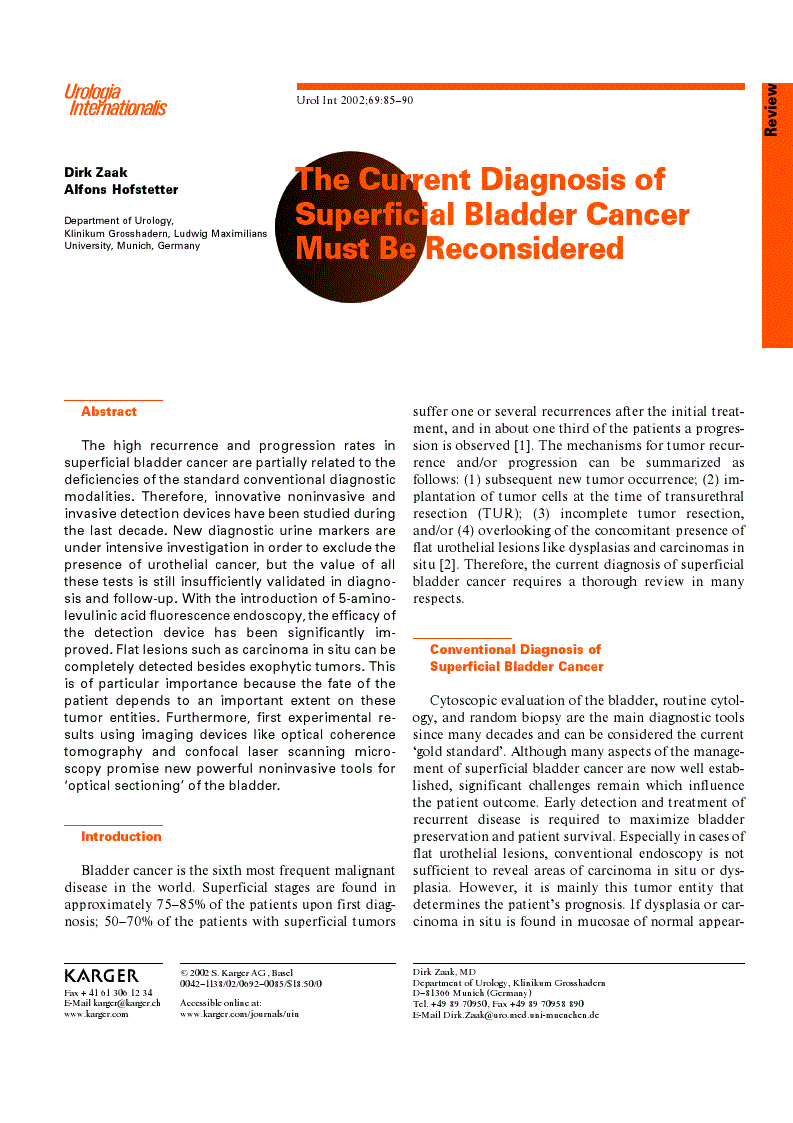 First page of The Current Diagnosis of Superficial Bladder Cancer Must Be Reconsidered