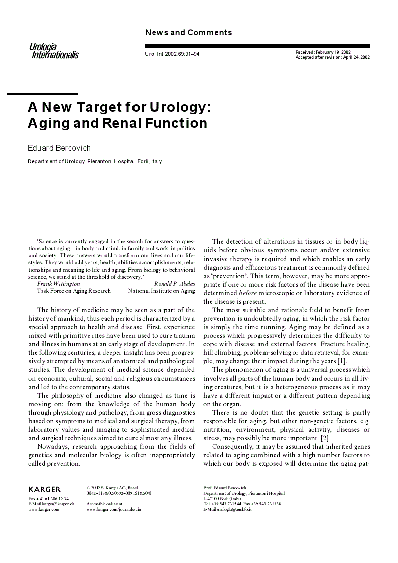 First page of A New Target for Urology: Aging and Renal Function