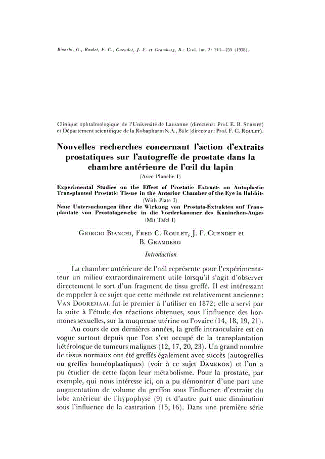 First page of Nouvelles recherches concernant l’action d’extraits prostatiques sur l’autogreffe de prostate dans la chambre antérieure de l’œil du lapin
