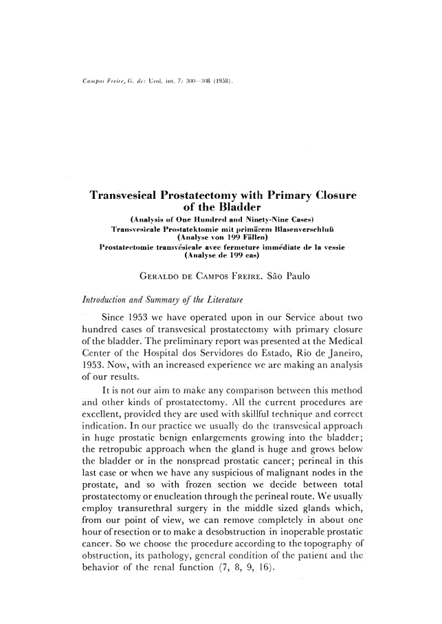 First page of Transvesical Prostatectomy with Primary Closure of the Bladder (Analysis of One Hundred and Ninety-Nine Cases)