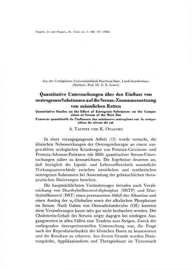 First page of Quantitative Untersuchungen über den Einfluss von oestrogenen Substanzen auf die Serum-Zusammensetzung von männlichen Ratten