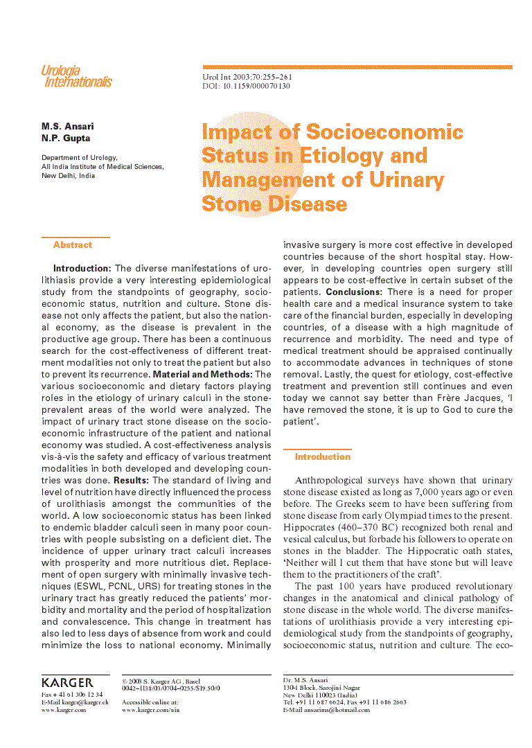 First page of Impact of Socioeconomic Status in Etiology and Management of Urinary Stone Disease