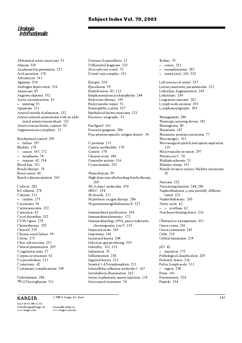 First page of Subject Index Vol. 70, 2003
