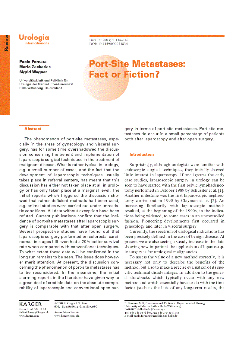 First page of Port-Site Metastases: Fact or Fiction?