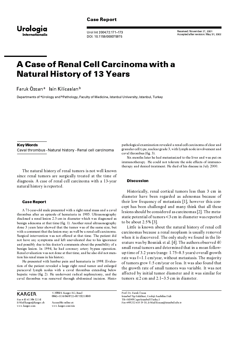 First page of A Case of Renal Cell Carcinoma with a Natural History of 13 Years