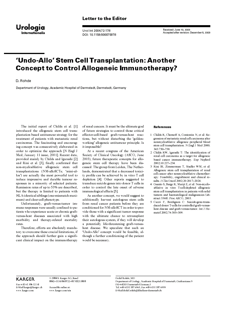 First page of ‘Undo-Allo’ Stem Cell Transplantation: Another Concept to Control Allogeneic Immunotherapy?