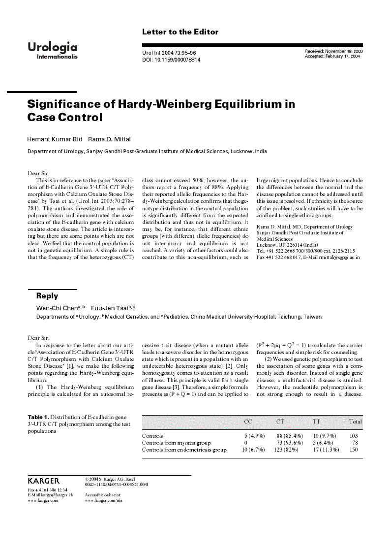 First page of Significance of Hardy-Weinberg Equilibrium in Case Control