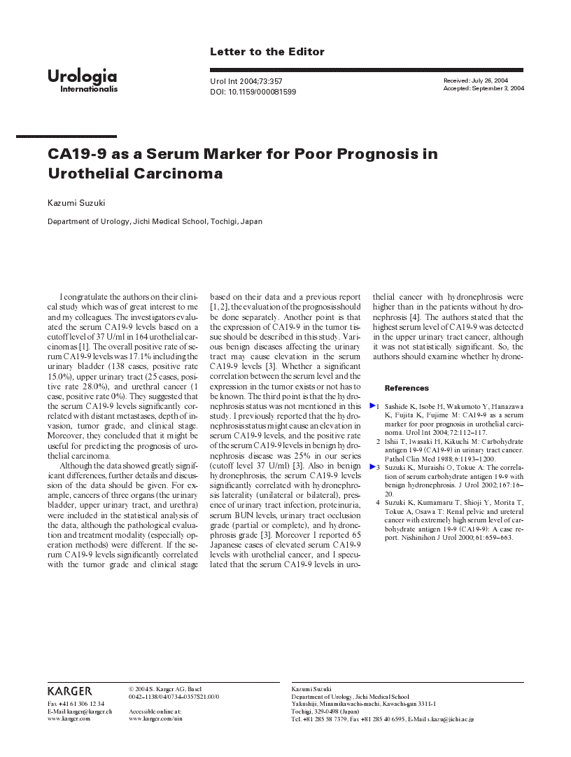 First page of CA19-9 as a Serum Marker for Poor Prognosis in Urothelial Carcinoma