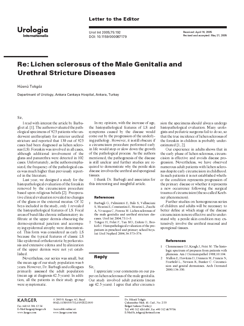 First page of Re: Lichen sclerosus of the Male Genitalia and Urethral Stricture Diseases