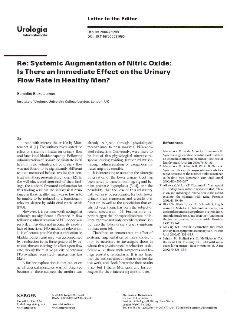 First page of Re: Systemic Augmentation of Nitric Oxide: Is There an Immediate Effect on the Urinary Flow Rate in Healthy Men?