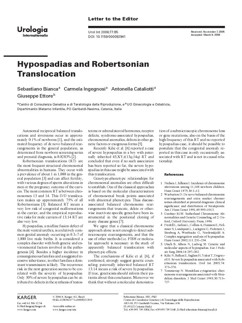First page of Hypospadias and Robertsonian Translocation