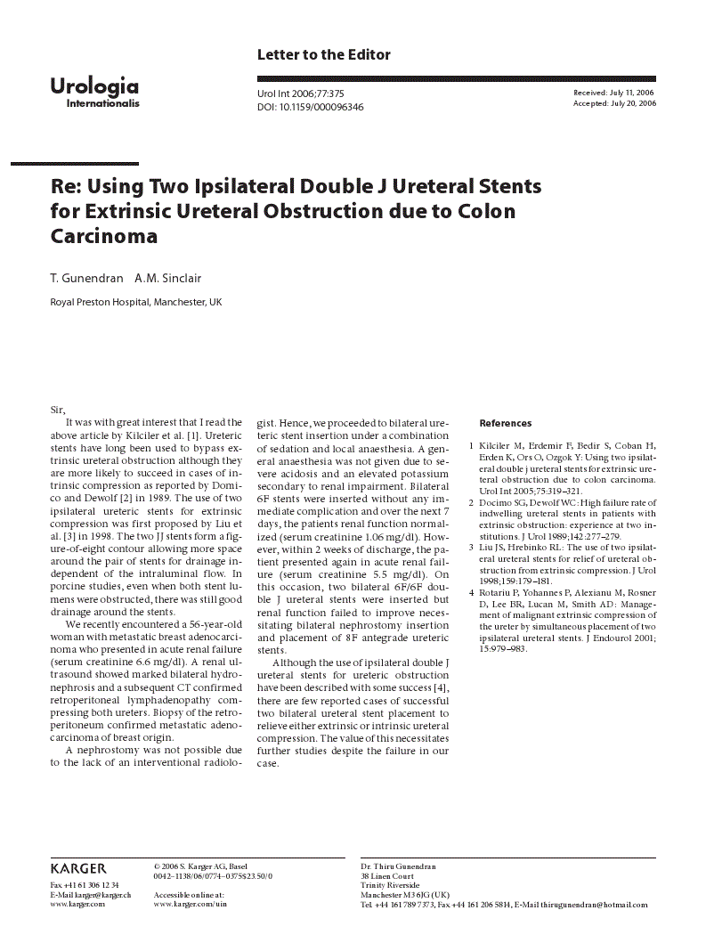 First page of Re: Using Two Ipsilateral Double J Ureteral Stents for Extrinsic Ureteral Obstruction due to Colon Carcinoma