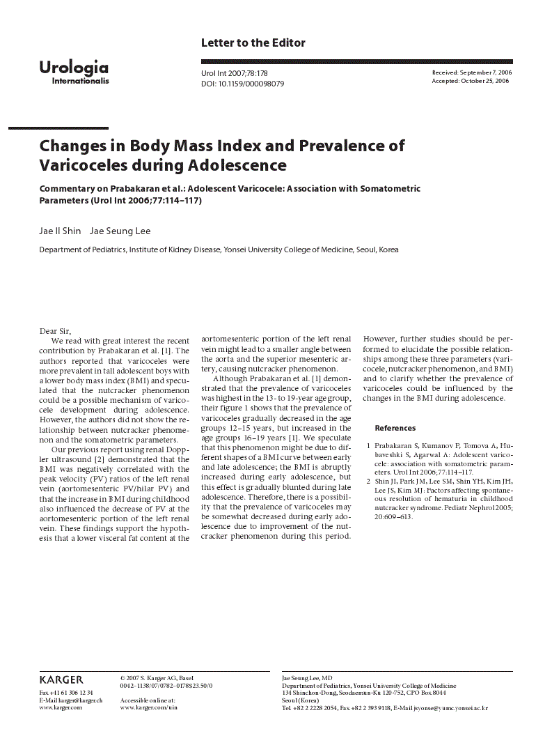 First page of Changes in Body Mass Index and Prevalence of Varicoceles during Adolescence<subtitle>Commentary on Prabakaran et al.: Adolescent Varicocele: Association with Somatometric Parameters (Urol Int 2006;77:114–117)</subtitle>