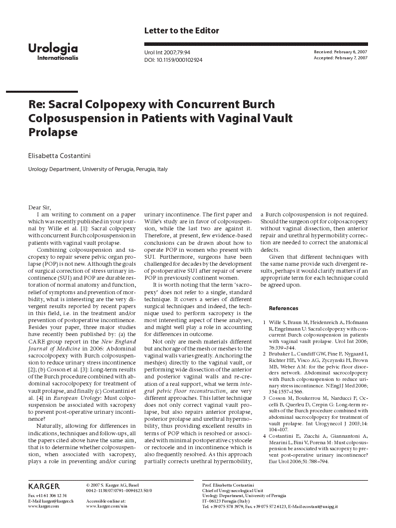 First page of Re: Sacral Colpopexy with Concurrent Burch Colposuspension in Patients with Vaginal Vault Prolapse