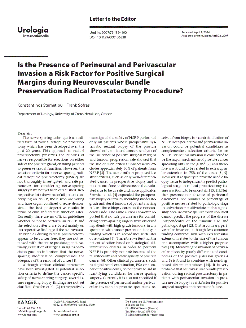 First page of Is the Presence of Perineural and Perivascular Invasion a Risk Factor for Positive Surgical Margins during Neurovascular Bundle Preservation Radical Prostatectomy Procedure?