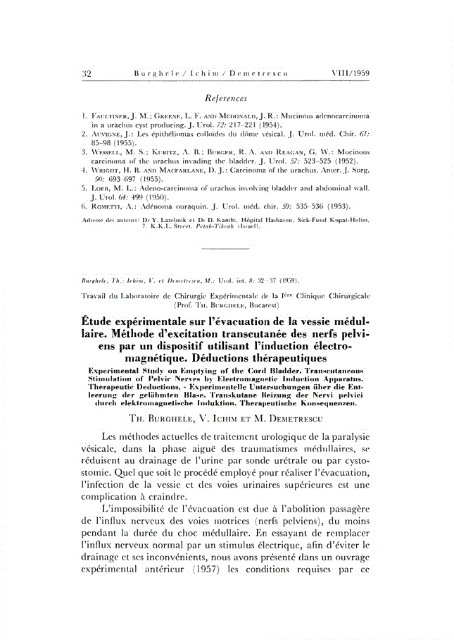 First page of Étude expérimentale sur l’évacuation de la vessie médullaire. Méthode d’excitation transcutanée des nerfs pelviens par un dispositif utilisant l’induction électromagnétique. Deductions thérapeutiques