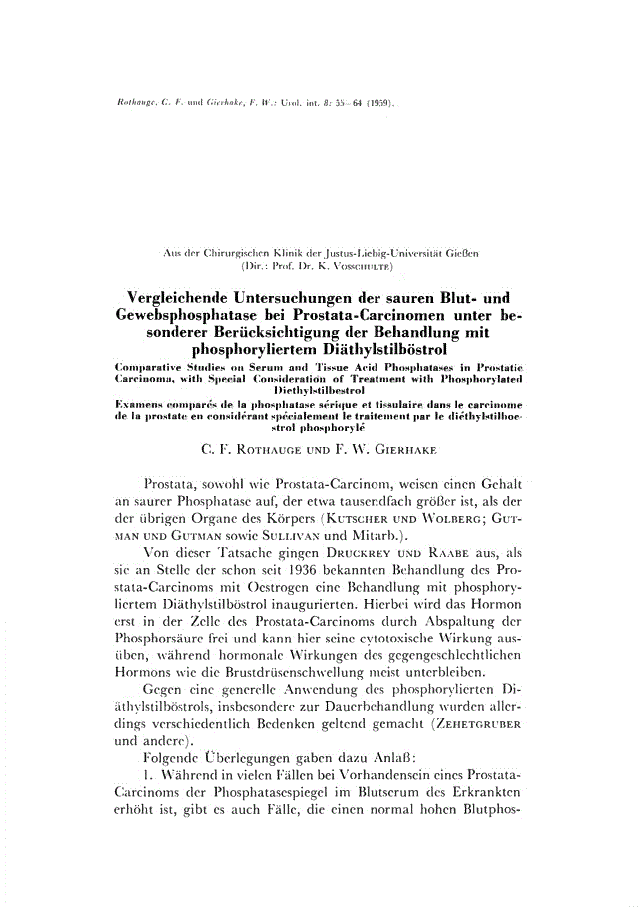 First page of Vergleichende Untersuchungen der sauren Blut- und Gewebsphosphatase bei Prostata-Carcinomen unter besonderer Berücksichtigung der Behandlung mit phosphoryliertem Diäthylstilböstrol