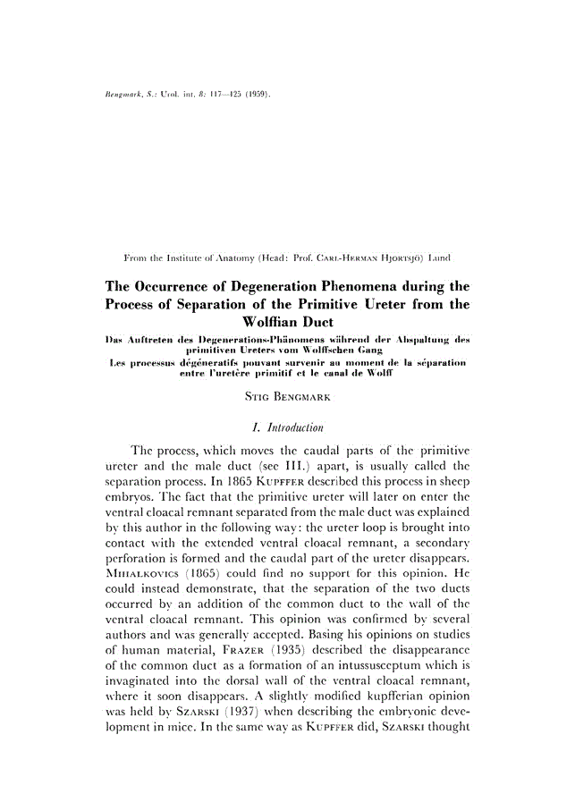 First page of The Occurrence of Degeneration Phenomena during the Process of Separation of the Primitive Ureter from the Wolffian Duct