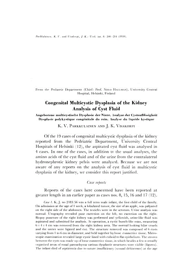 First page of Congenital Multicystic Dysplasia of the Kidney Analysis of Cyst Fluid