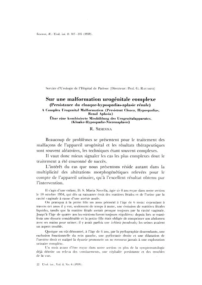 First page of Sur une malformation urogénitale complexe (Persistance du cloaque-hypospadias-aplasie rénale)