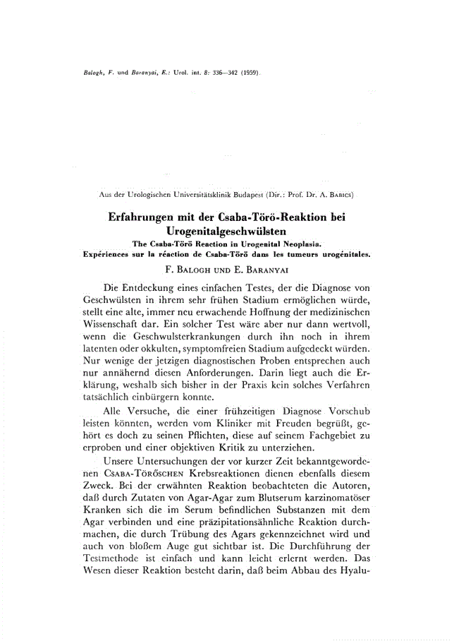 First page of Erfahrungen mit der Csaba-Törö-Reaktion bei Urogenitalgeschwülsten