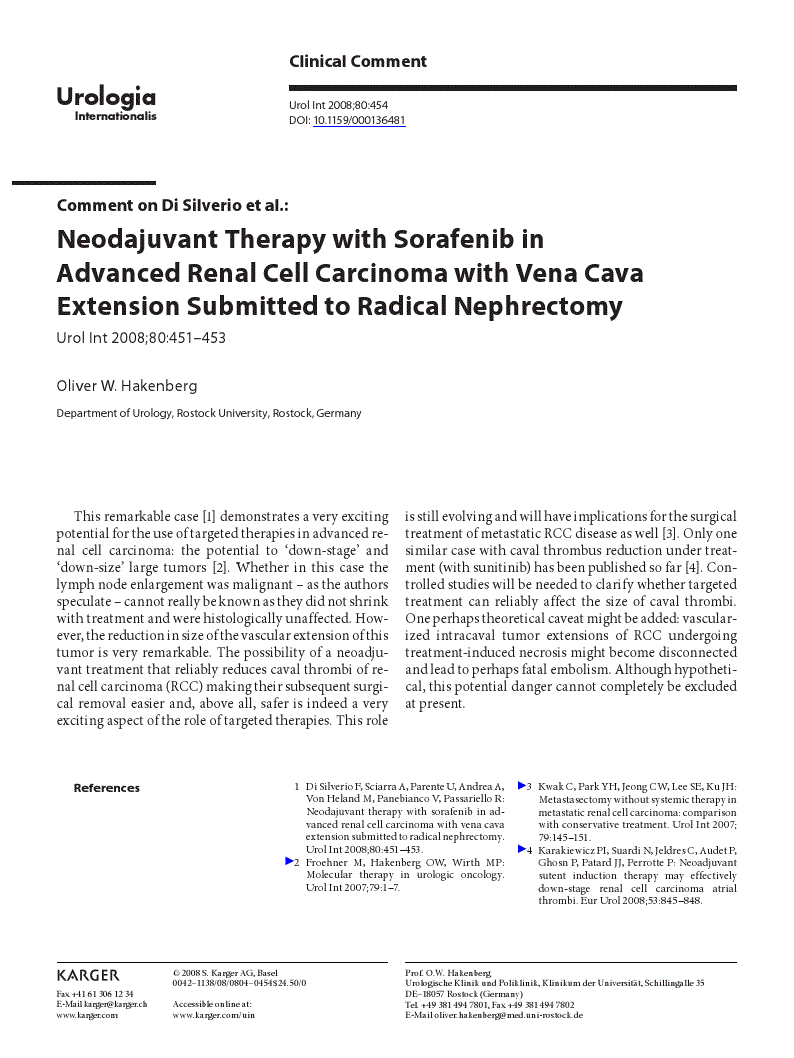 First page of Comment on Di Silverio et al.: Neodajuvant Therapy with Sorafenib in Advanced Renal Cell Carcinoma with Vena Cava Extension Submitted to Radical Nephrectomy<subtitle>Urol Int 2008;80:451–453</subtitle>