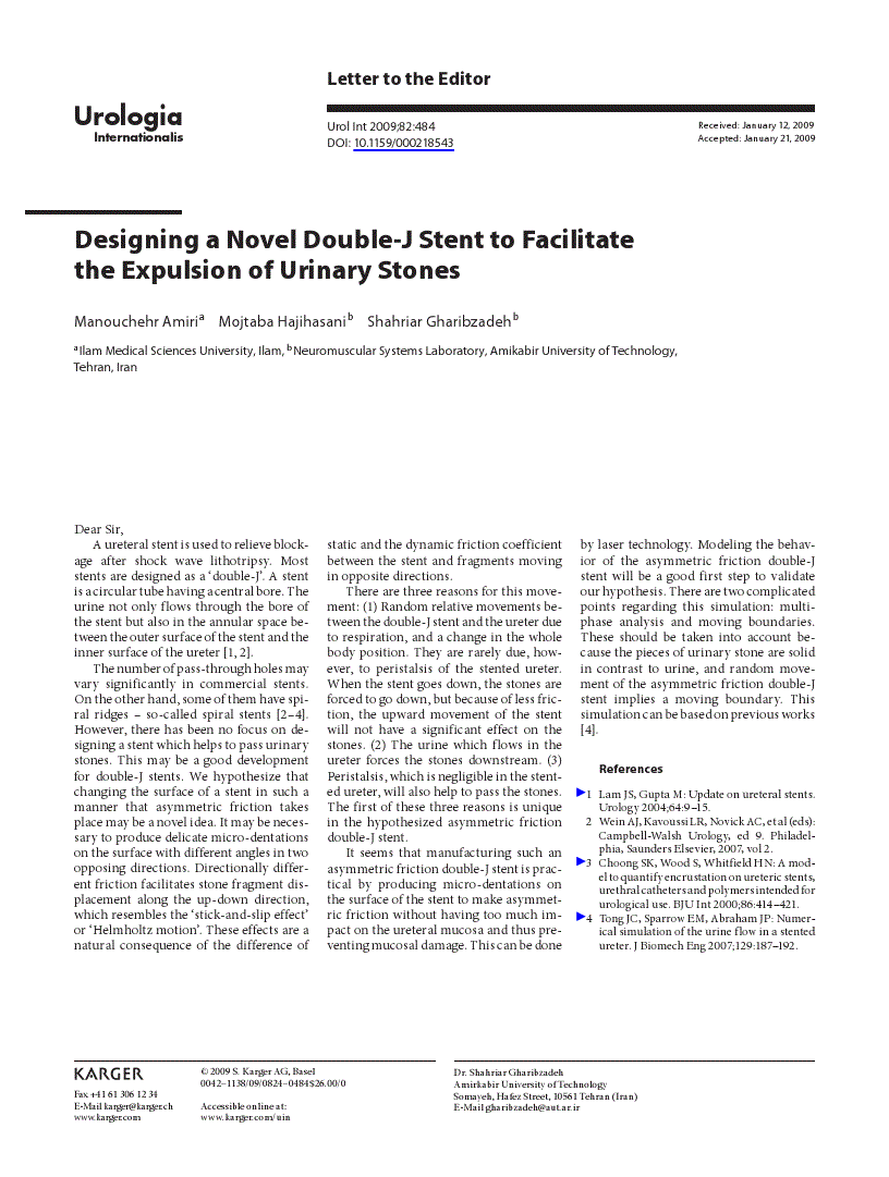 First page of Designing a Novel Double-J Stent to Facilitate the Expulsion of Urinary Stones