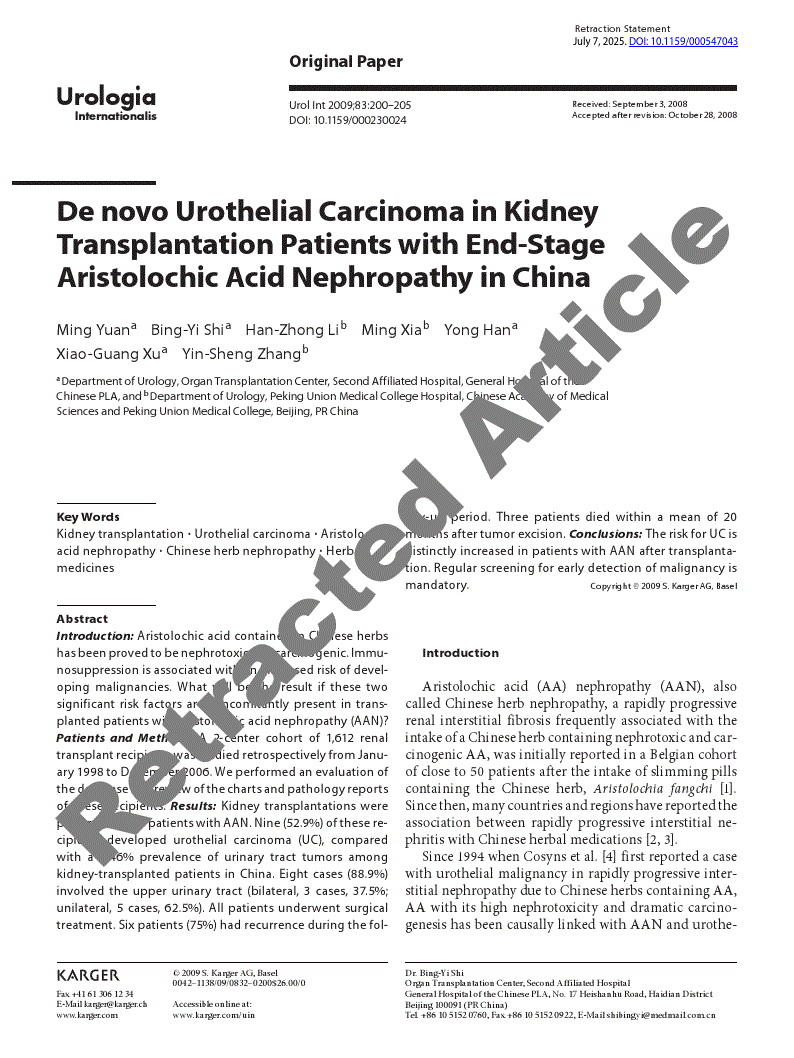First page of Retracted Paper - De novo Urothelial Carcinoma in Kidney Transplantation Patients with End-Stage Aristolochic Acid Nephropathy in China