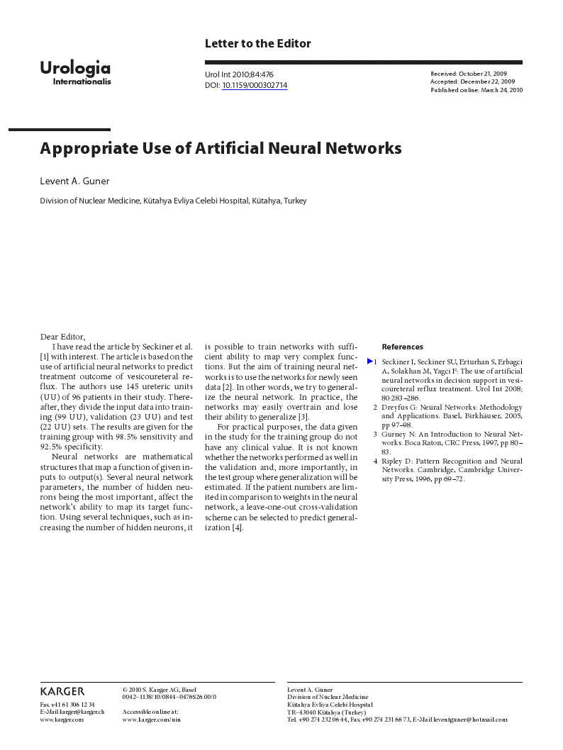 First page of Appropriate Use of Artificial Neural Networks