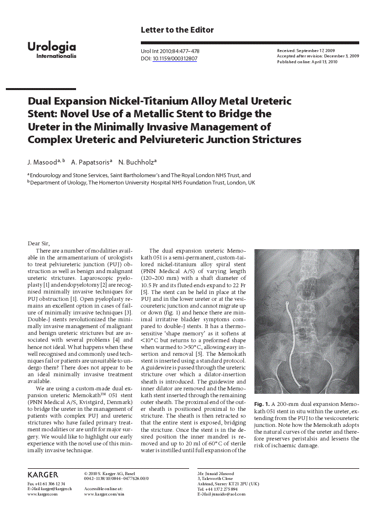 First page of Dual Expansion Nickel-Titanium Alloy Metal Ureteric Stent: Novel Use of a Metallic Stent to Bridge the Ureter in the Minimally Invasive Management of Complex Ureteric and Pelviureteric Junction Strictures
