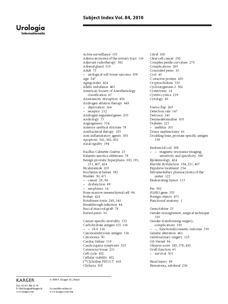 First page of Subject Index Vol. 84, 2010