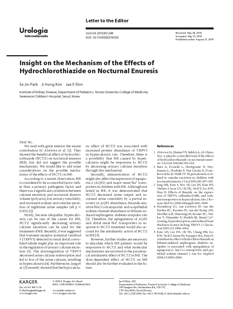 First page of Insight on the Mechanism of the Effects of Hydrochlorothiazide on Nocturnal Enuresis
