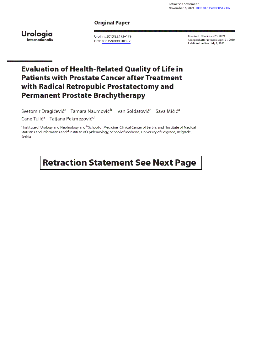 First page of Retracted Paper - Evaluation of Health-Related Quality of Life in Patients with Prostate Cancer after Treatment with Radical Retropubic Prostatectomy and Permanent Prostate Brachytherapy